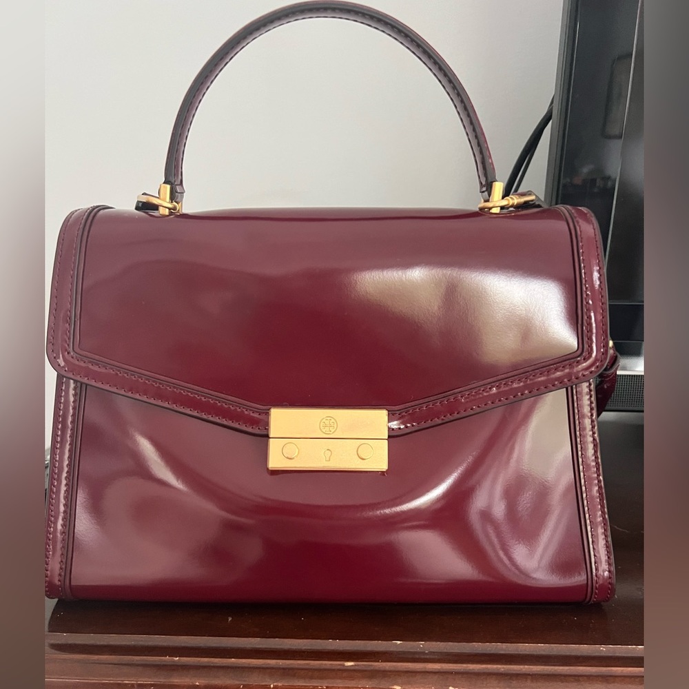 Tory Burch Medium Patent Leather Burgundy Top Handle Bag